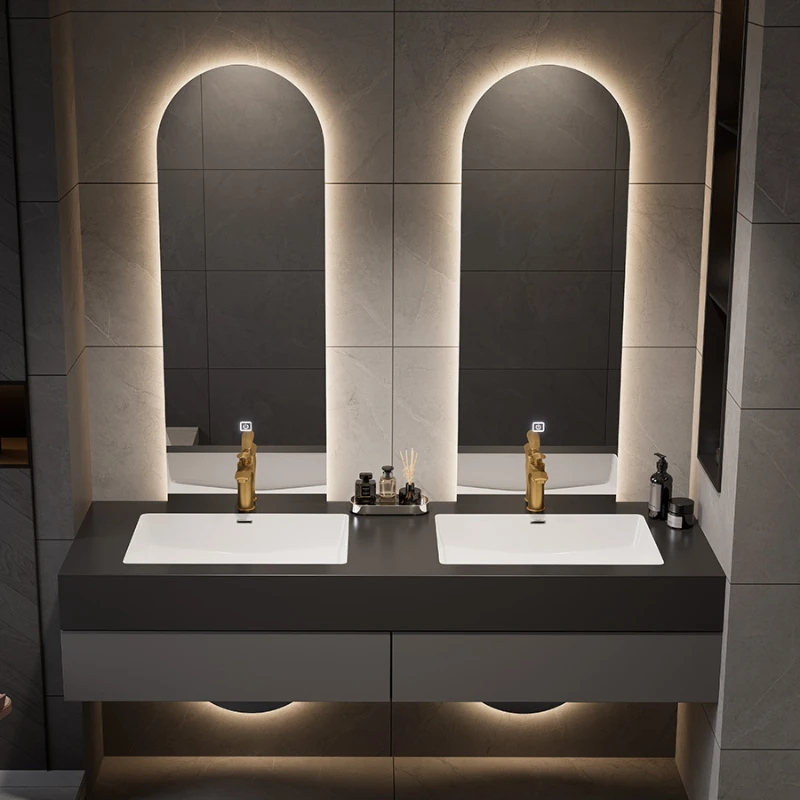 Bathroom mirror cabinet rock slab integrated double basin light luxury washing table washbasin