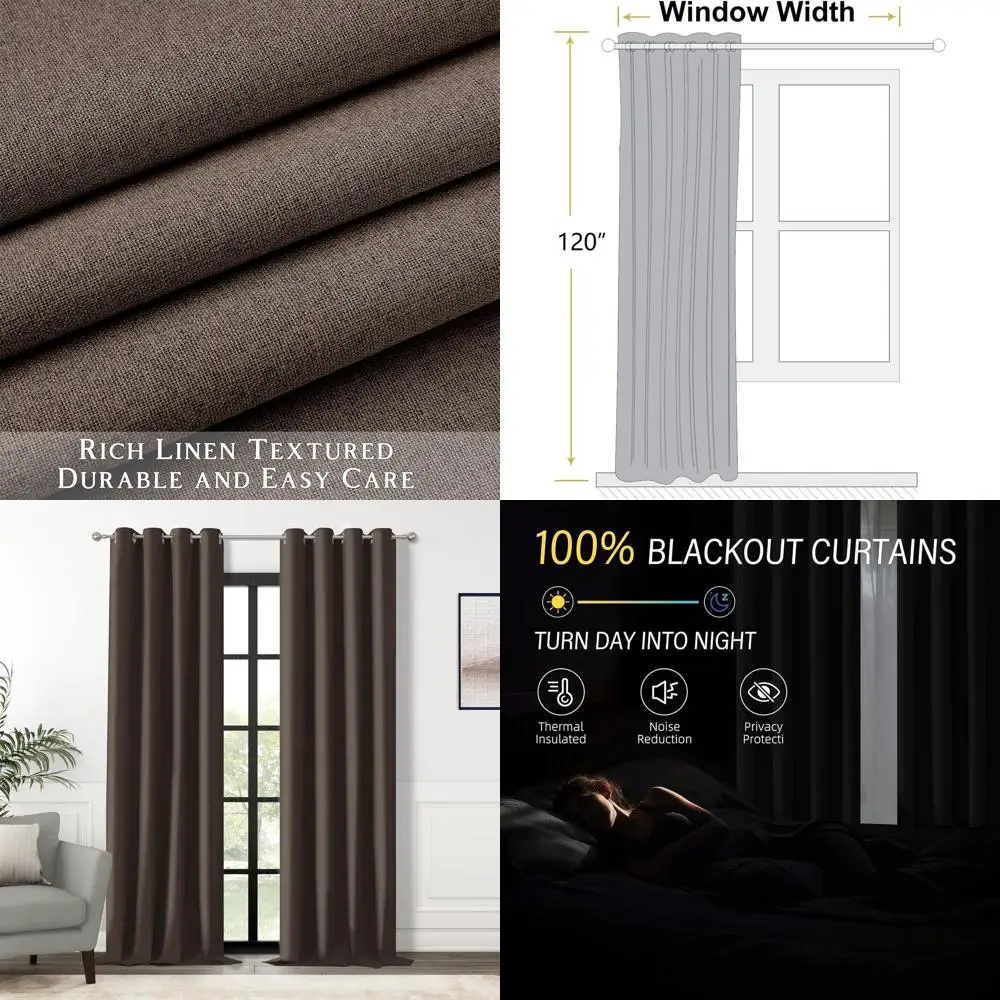 

Thermal Insulated Blackout Brown Curtains, 120 Long, 2-Panel Set for Bedrooms and Living Rooms