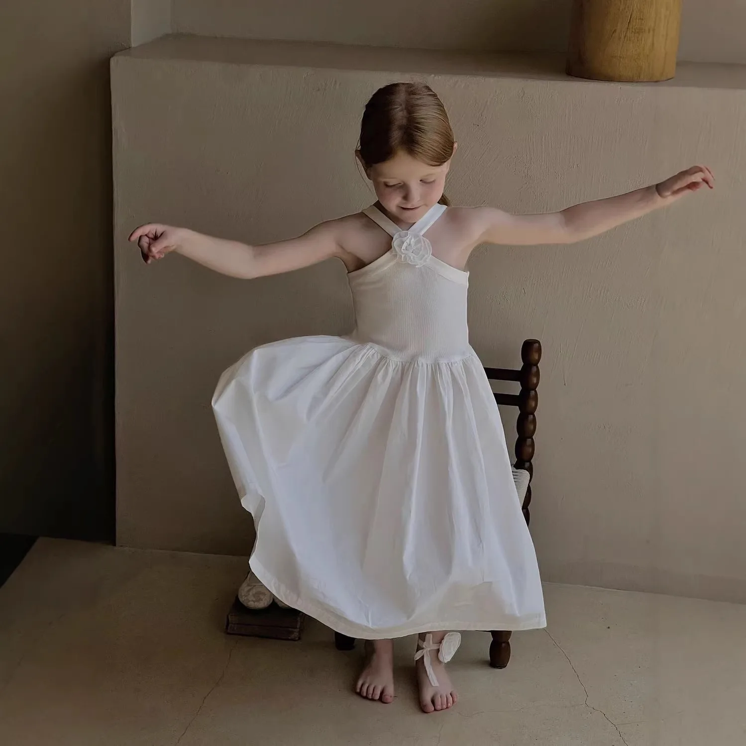 2026 Summer chic Cotton white baby girls Dress 3D Rose Elastic Wraparound Princess Dresses chid clothes 3 4 6 8 9 10 12 14