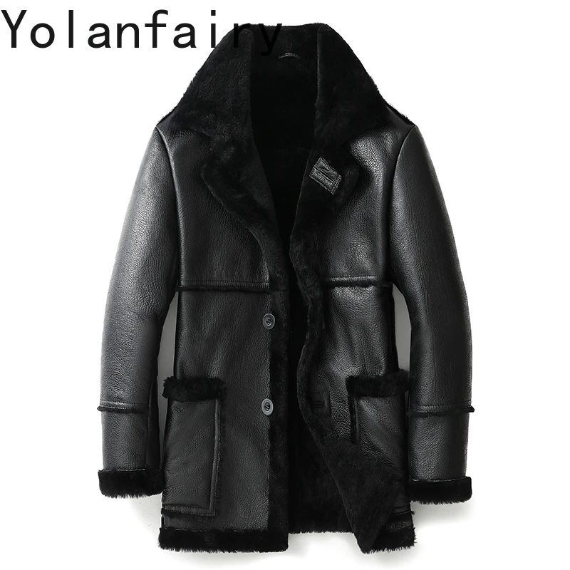 YOLANFAIRY Original Natural Sheep Fur Coat Men's Leather Jacket Men Midi Long Warm Clothing Male Clothes New Outwears Chaquetas