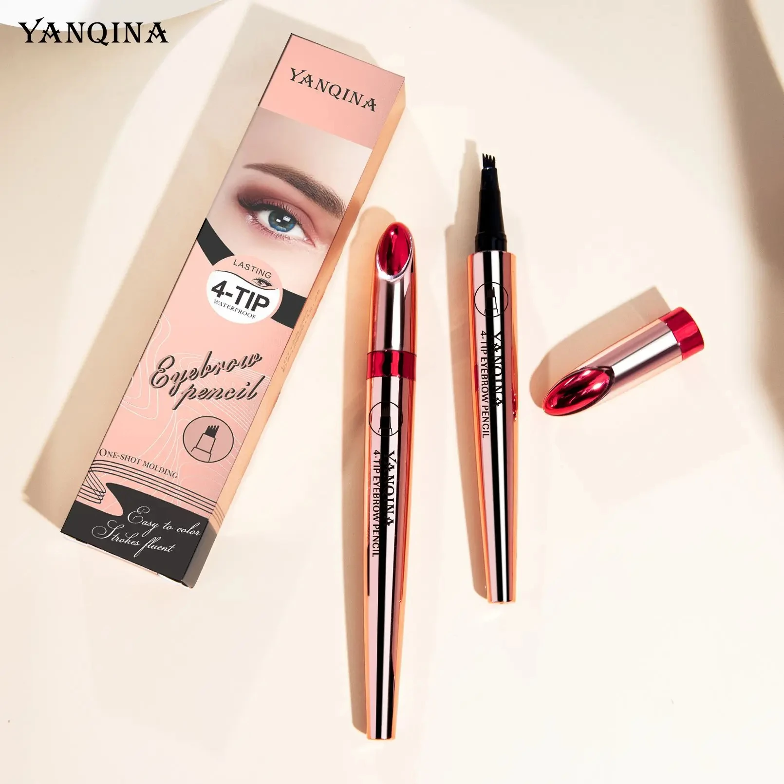 YANQINA-4 Color Sobrancelha Lápis, Quatro Garra Líquido, Sobrancelha Liner, Impermeável, Durável, Tint Enhancer, Caneta, 24h, Novo, Hot Venda