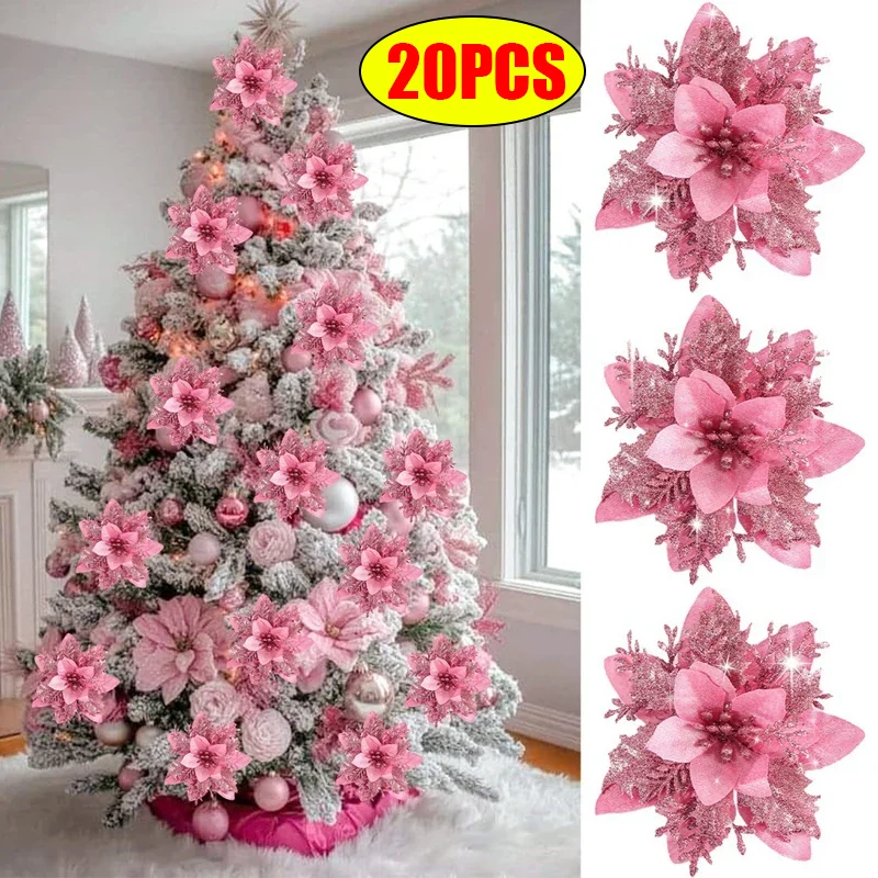 

Pink Christmas Glitter Artificial Flowers Xmas Tree Toppers Ornaments Christmas Decorations for Home 2025 Gifts Navidad New Year