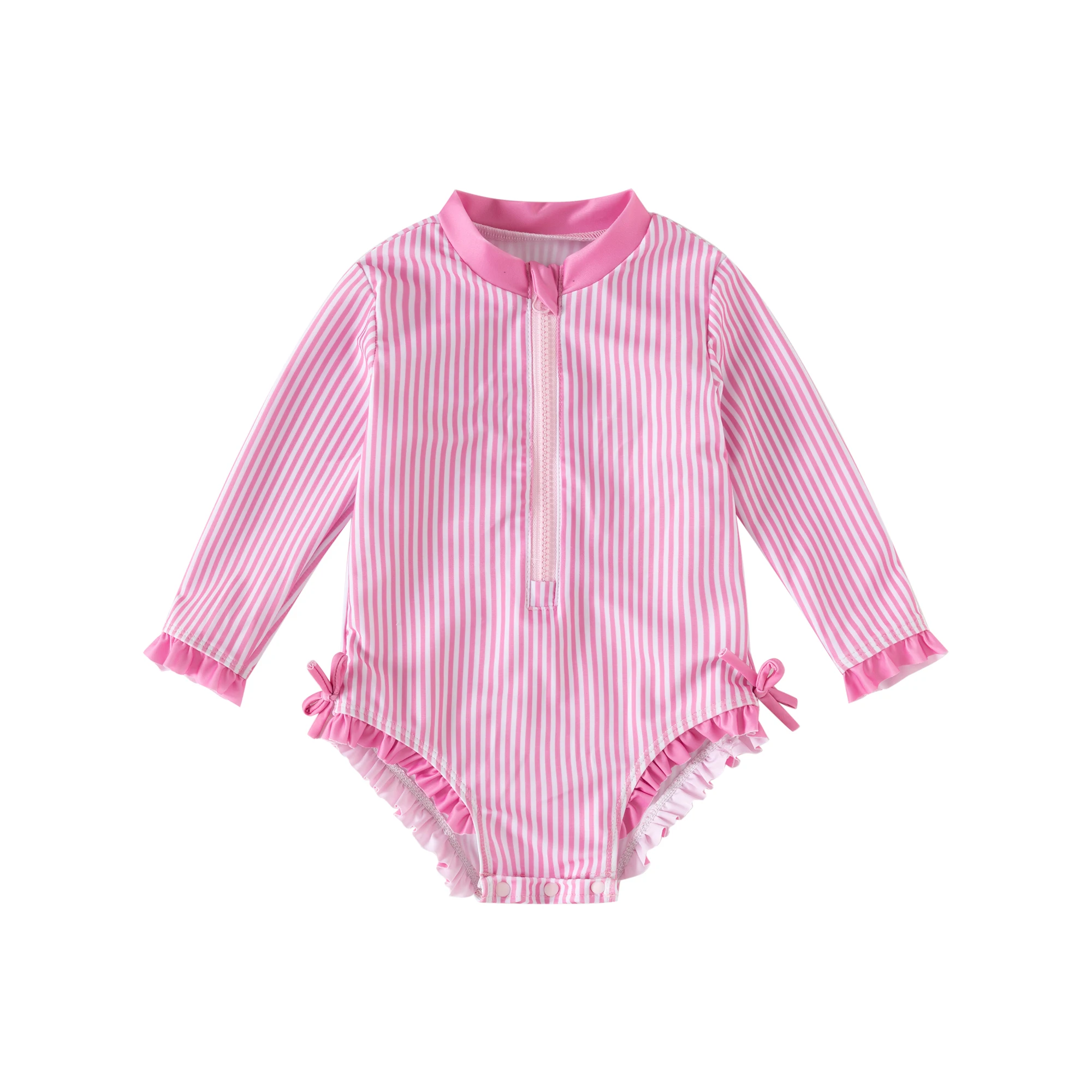 Girls' Long-Sleeved Striped One-Piece Swimsuit, Cute Ruffled Sun-Protective Swimsuit, Summer Princess-Style Zipper Swimsuit