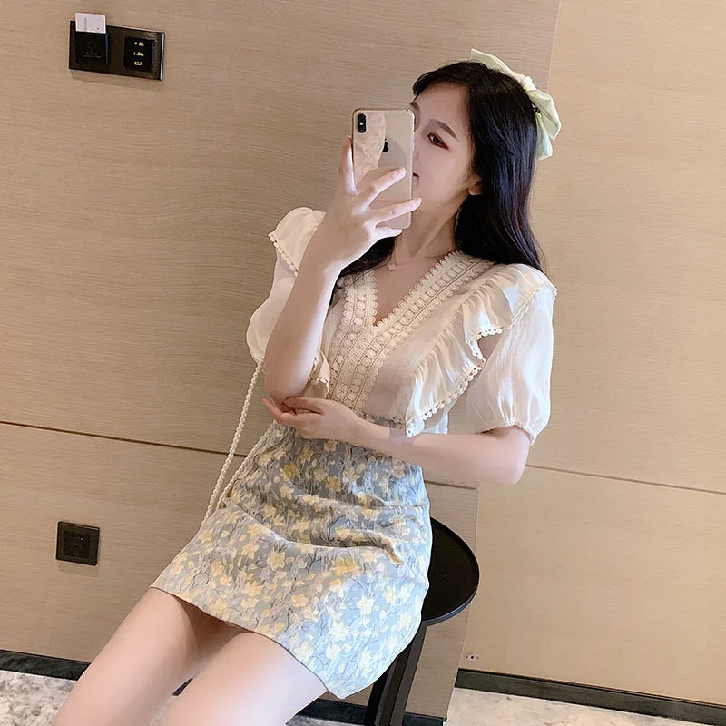 Women\'s Two Piece Set Short Sleeve Skirt Office Female Outfits Printing Vacation 2024 New in The Same Summer Clothes Matching