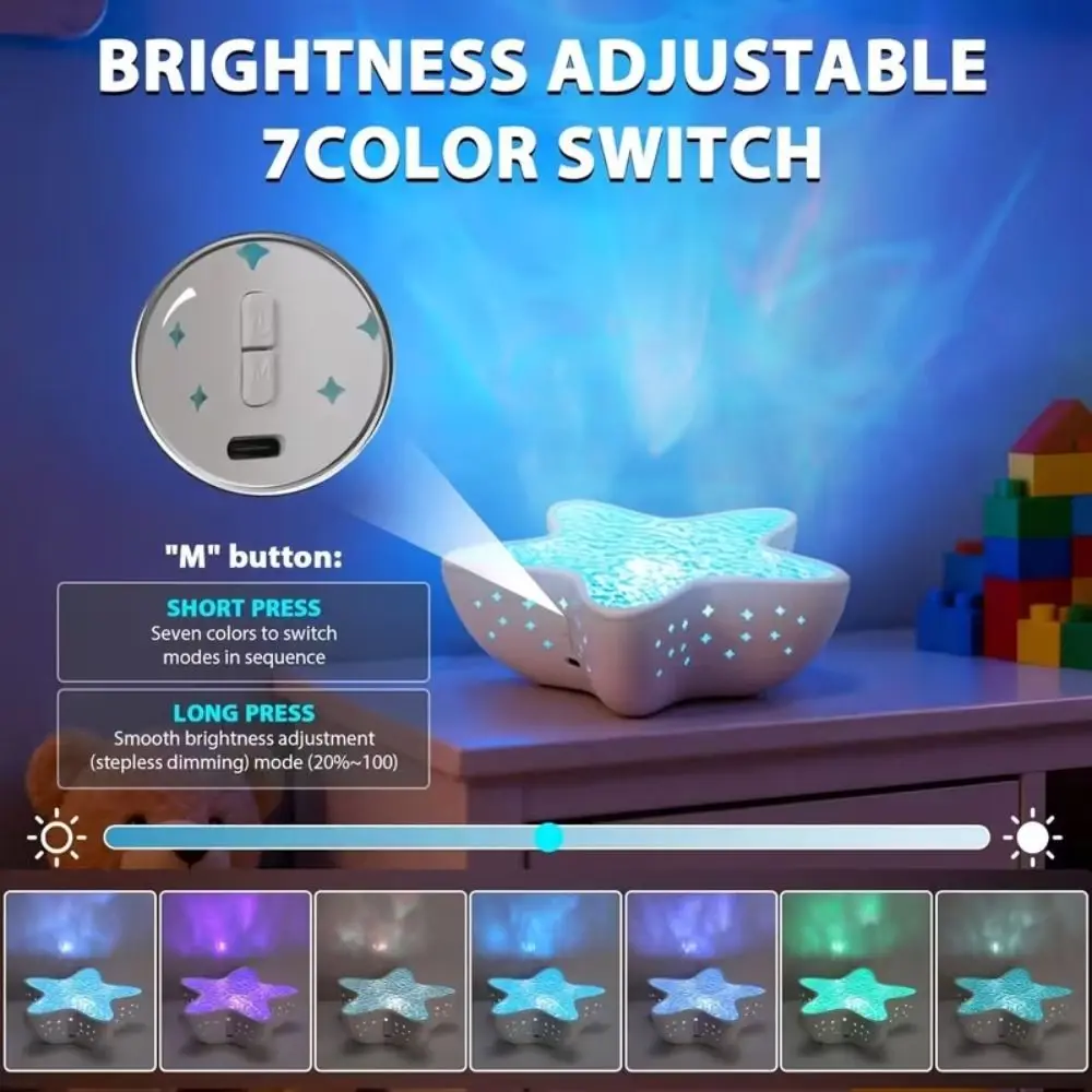 Water Ripple Night Light 7-Color RGB USB Powered Starfish Ocean Projection Lamp Sea Star Five Brightness Adjustments