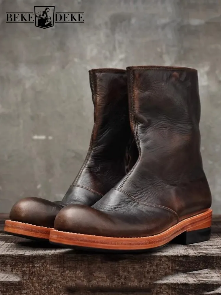 

Designer Vintage Mens Genuine Leather Chelsea Boots High Quality Handmade Round Toe Mid Calf Motorcycle Shoes Male Cowboy Boots