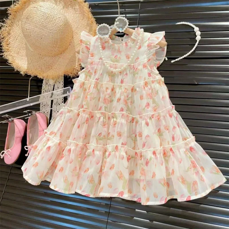 

New Girls Retro Fresh Flowers Lace Flounced Sleeve Cake Fashionable Princess Dress2024Summer Dress Children's Clothing-WSNY