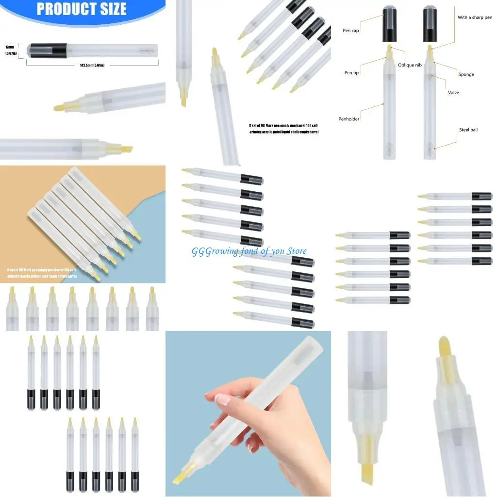 

H9EB Artist Refillable Pen Barrels Set of 10 Durability ABS Plastic Crafting Tools Pen Tubes with Fine Tip 10pcs