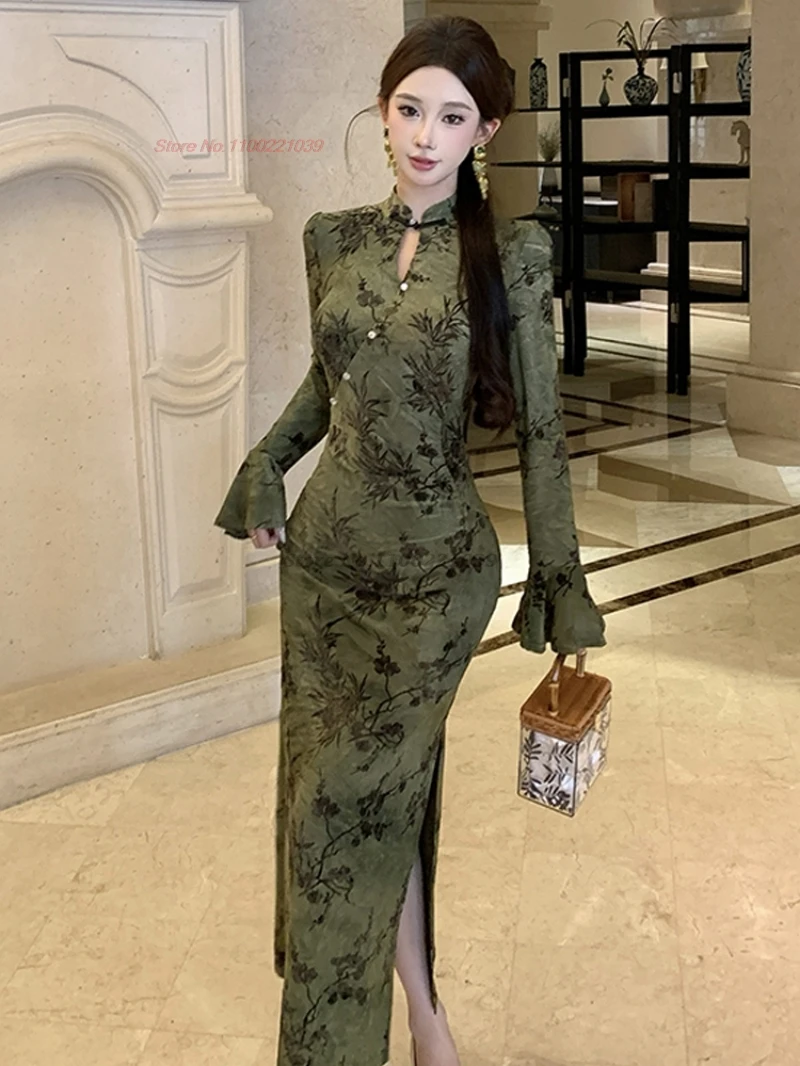 

Китайское сексуальное бархатное Ципао 2021, улучшенное Cheongsam, винтажное Ципао с цветочным принтом, традиционное вечернее платье для ночного клуба, банкета, Ципао