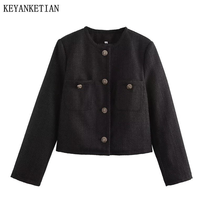 KEYANKETIAN 2025 New Women's Tweed Texture Cropped Suit Coat Office Lady O-Neck Single Breasted Double Pockets Black Blazer Top