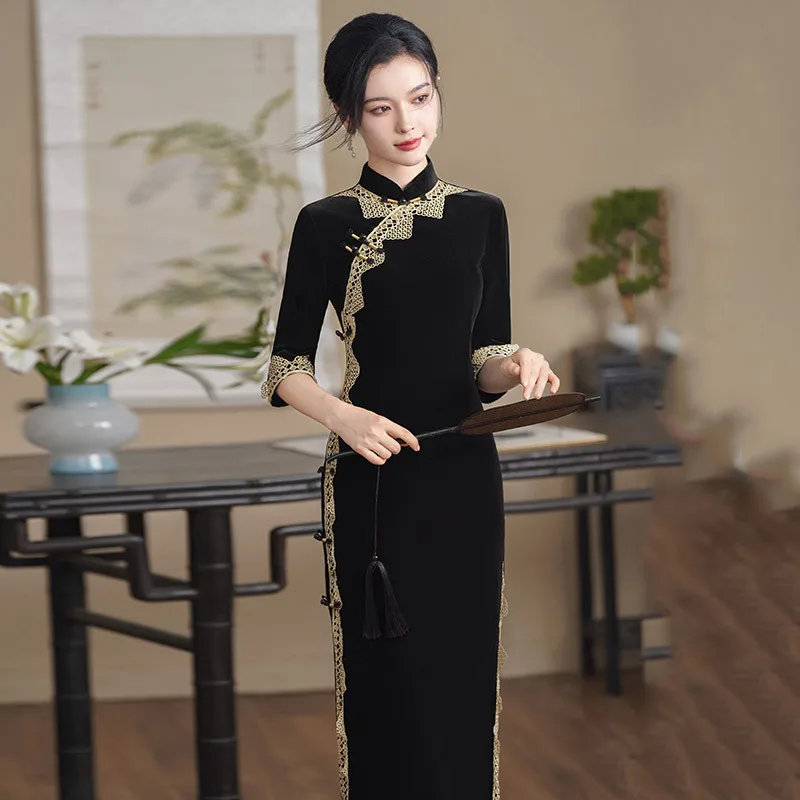 Black Gold Velvet Chinese Long Style Improve Cheongsam New Young Women's Retro Slim Long Sleeved Autumn/winter Dress Qipao