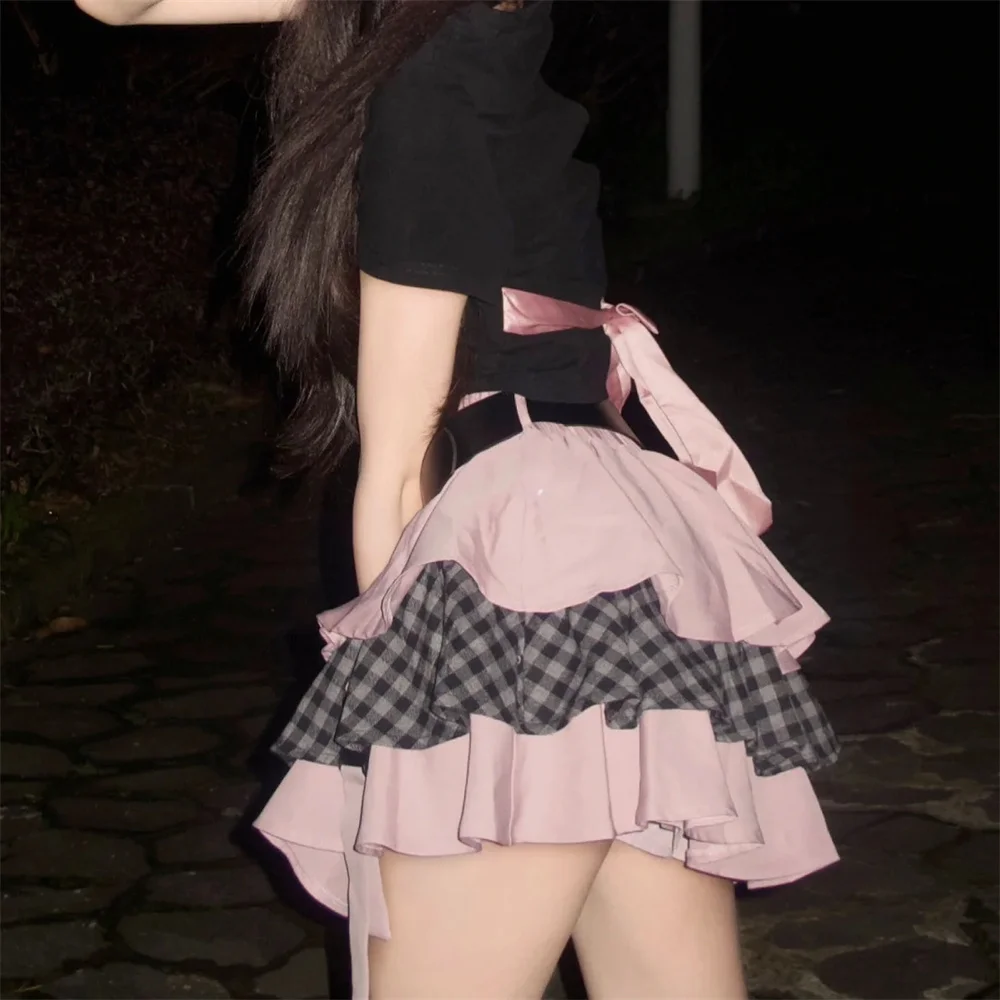 2025 Donne Dolce Volant A Strati Kawaii Lolita Gonna Patchwork Y2K Giapponese Morbido Ragazza A Vita Alta Cutecore Mini Rosa Nero Gonne