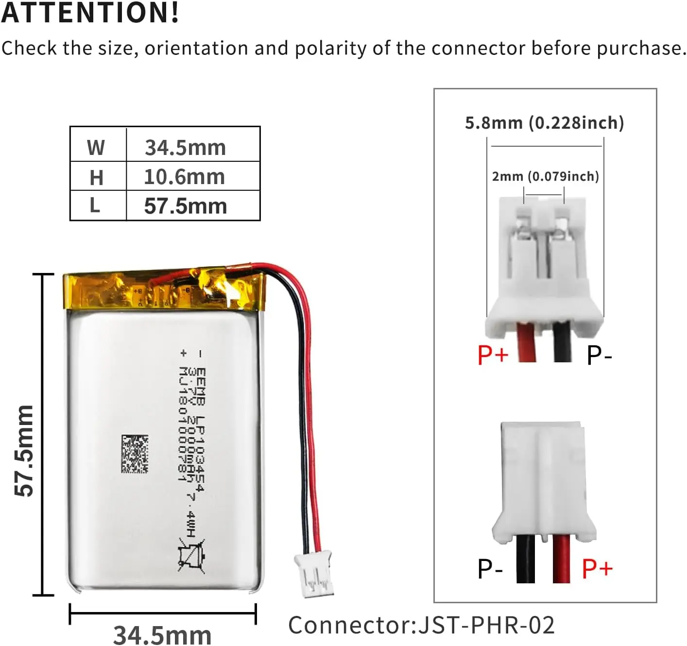 EEMB 100PACK Lithium Polymer Battery 3.7V 2000mAh 103454 Lipo Rechargeable Battery Pack with Wire JST Connector for Speaker