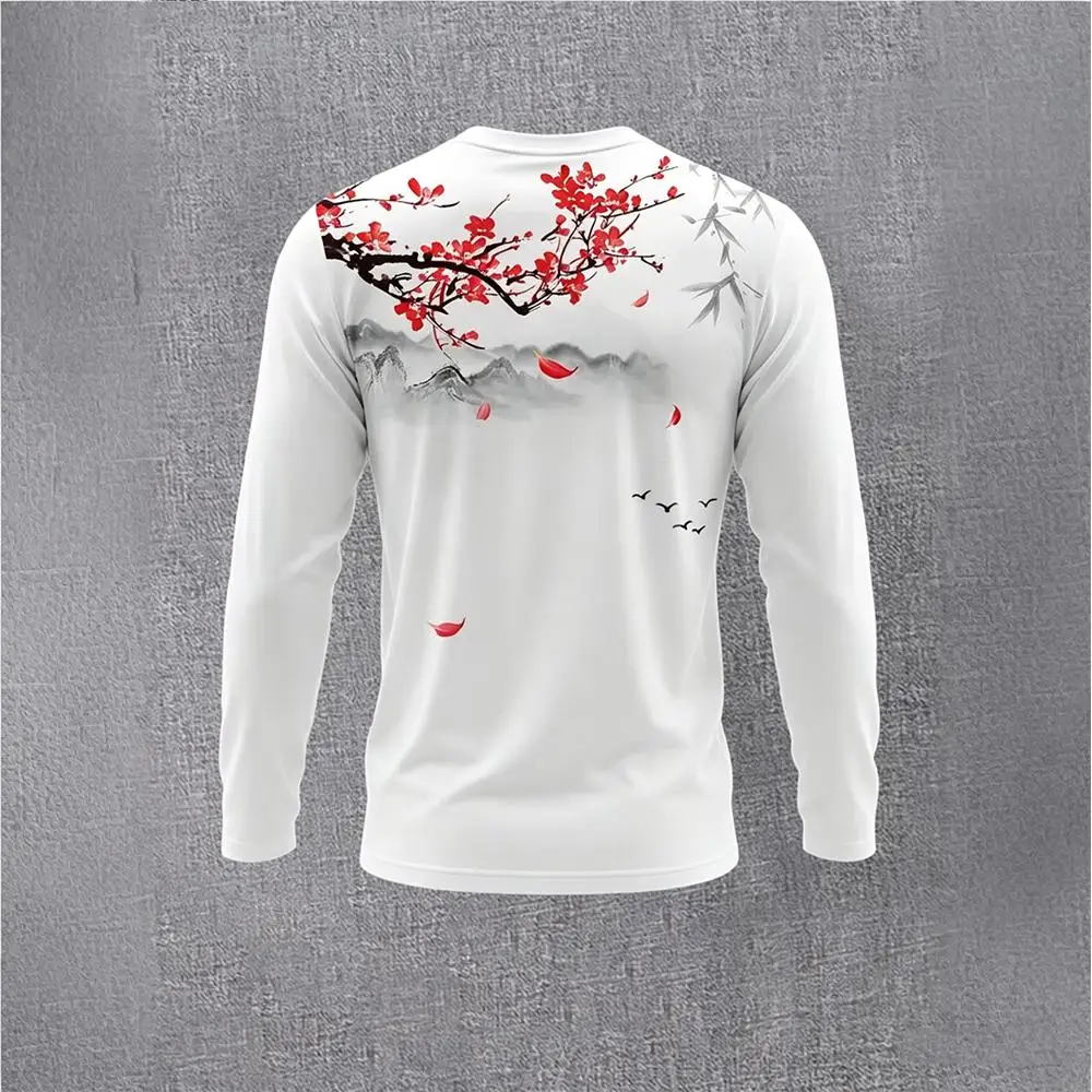 Chinese Style Ink Plum Blossom Long Sleeve T-Shirt Men's Vintage Landscape Print Casual Base Layer Shirt Fashion Streetwear Top