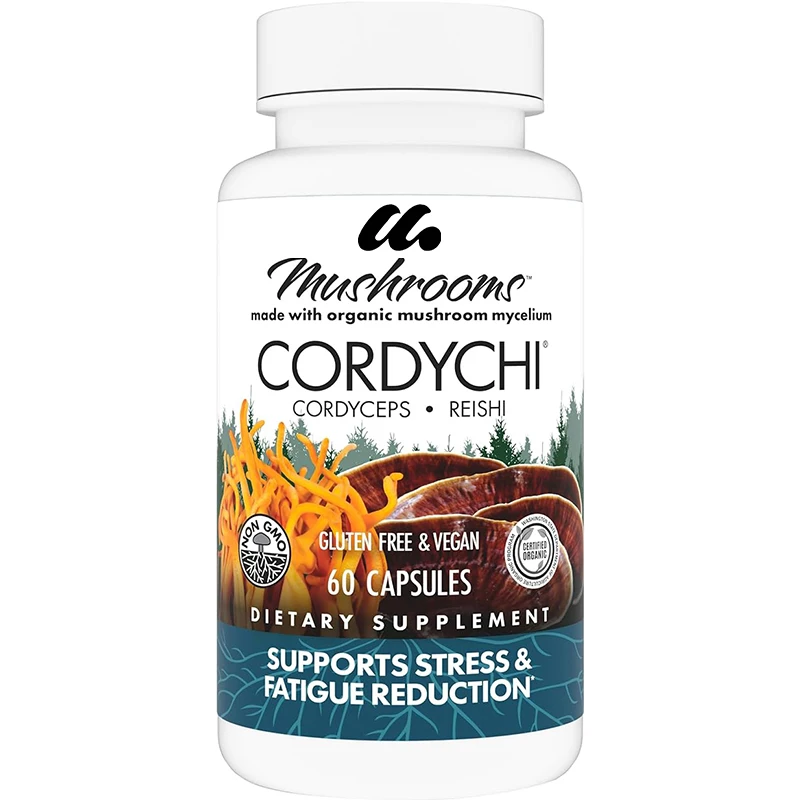 CordyChi capsules, mushroom mycelium supplement containing Cordyceps sinensis and Ganoderma lucidum, odorless, 60 capsules