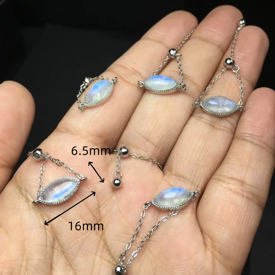 1Pc Fengbaowu Natural Blue Moonstone Ring 925 Sterling Silver Cabochon Marquise Horse Eye Shape Reiki Healing Stone Jewelry Gift