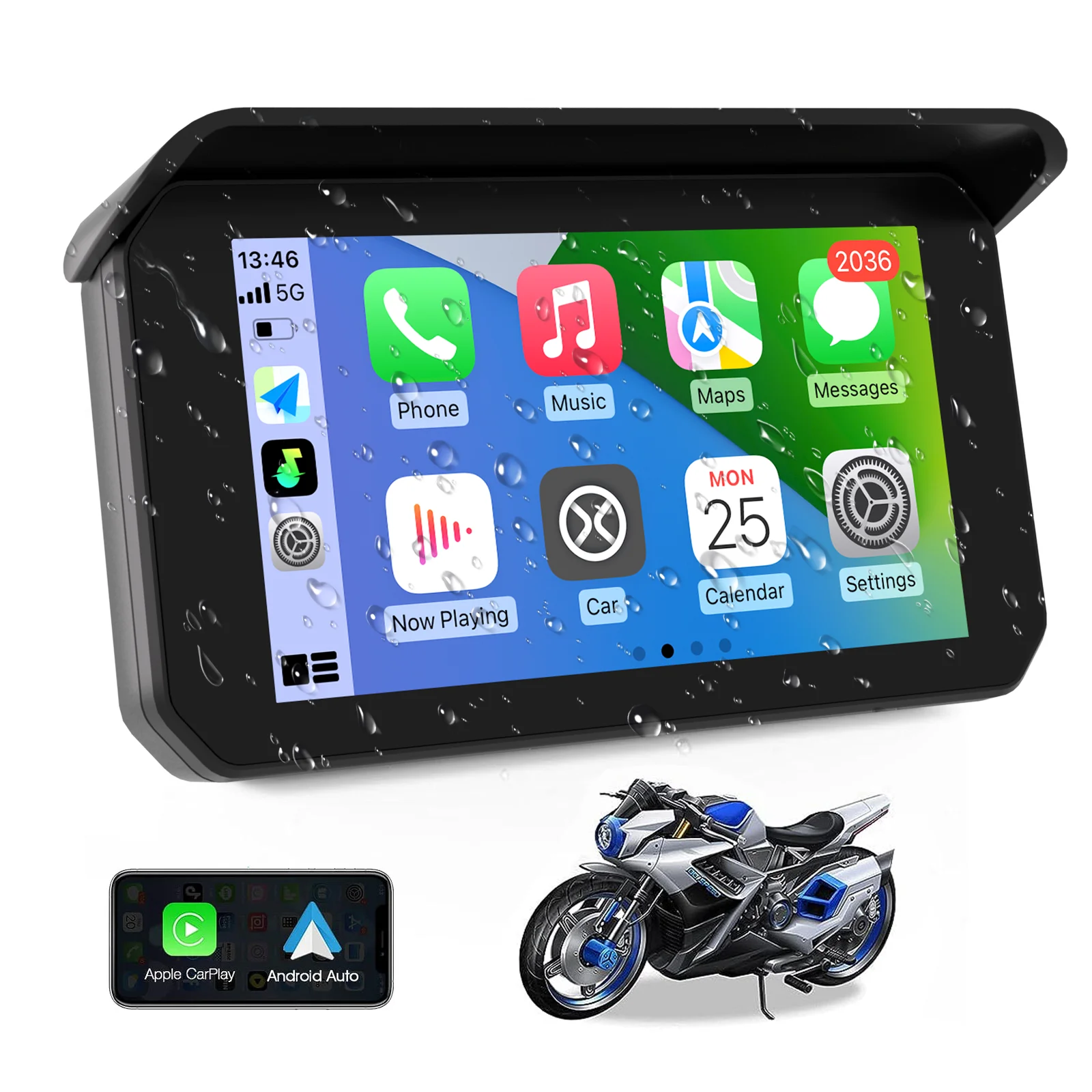 CARABC Wireless Motorcycle CarPlay Screen Android Auto Monitor for Motorbike Scooter Waterproof MirrorLink motorcycle navigator