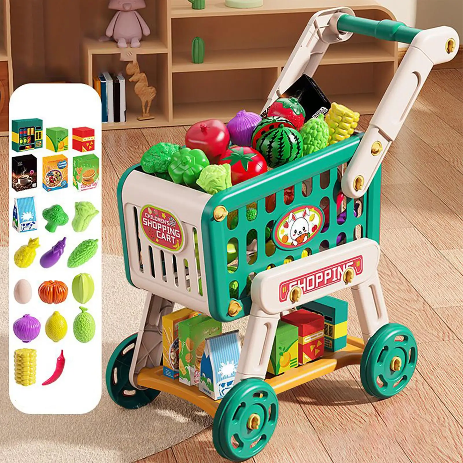 Kinder-Einkaufswagen, Spielzeug, Lebensmittelwagen, Kinder spielen, Küchenzubehör, Rollenspiel, Lernspielzeug, gefälschte Lebensmittel für Jungen, Mädchen, Kleinkinder
