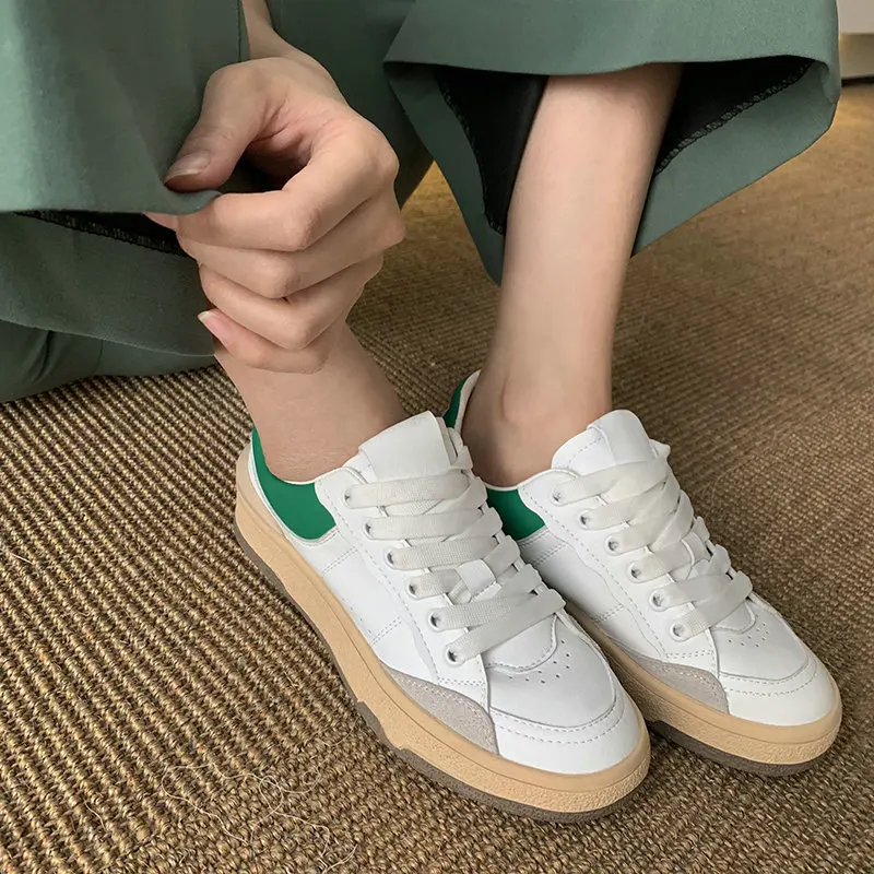 QUTAA 2022 Winter Autumn Round Toe Flat Heel Casual Female Shoes Mixed Color Genuine Leather Lace Up Women Sneakers Size 35-40