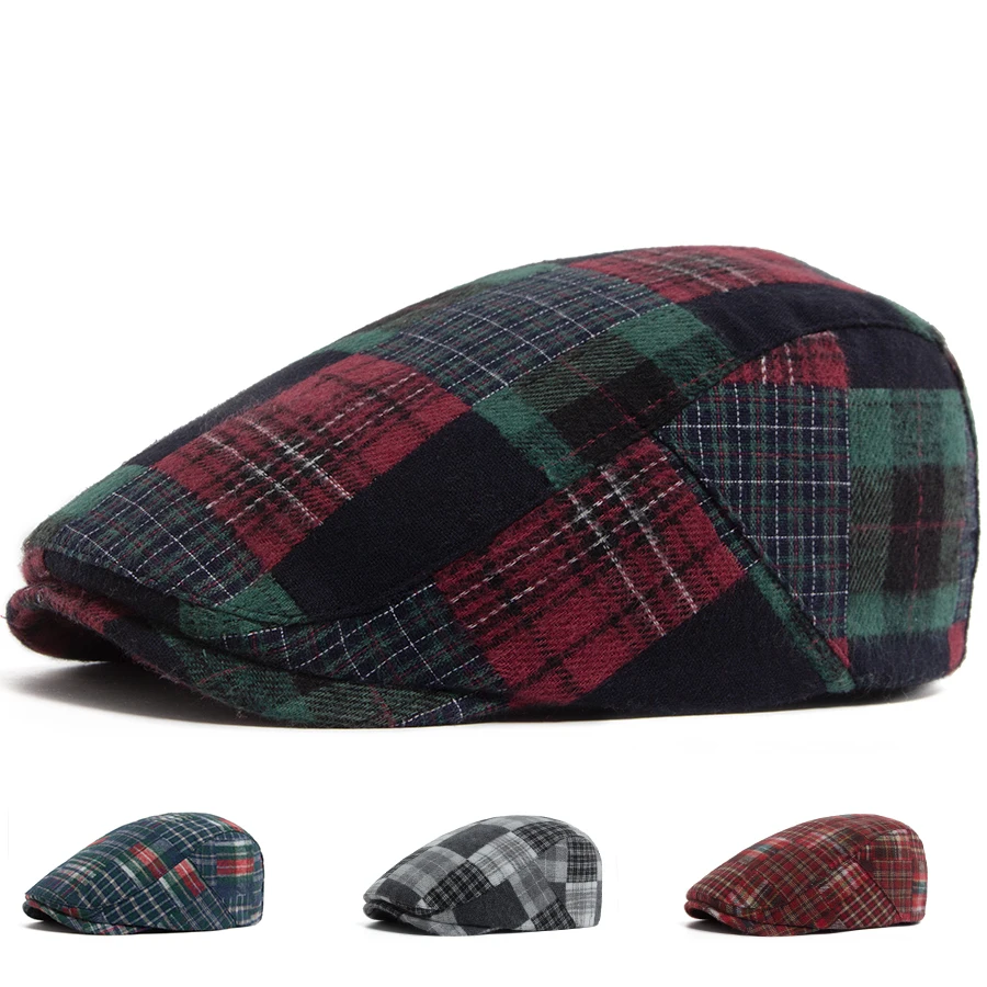 New Y2K Patchwork Big Plaid Beret Casual Men Women's Retro Flat Cap Fashion Vintage Hip Hop Newsboy Hat For Spring Autumn Unisex