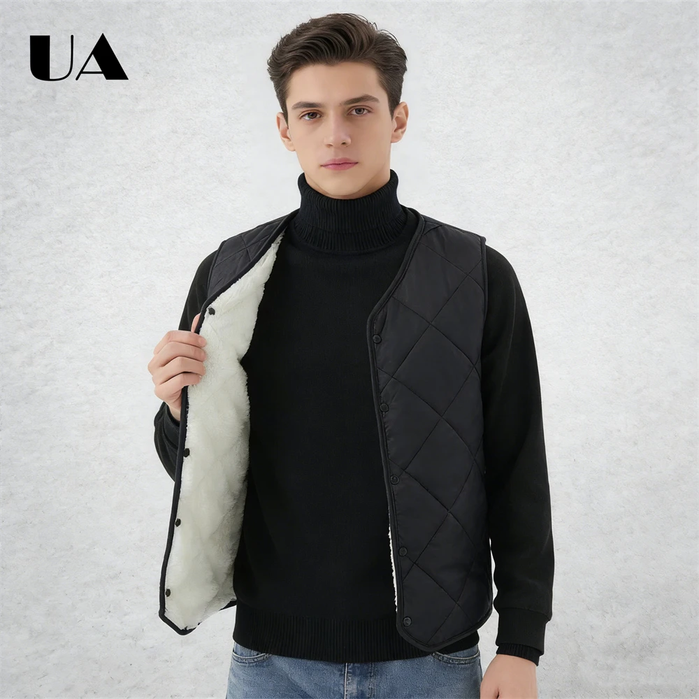 เสื้อกั๊กไร้แขนแบบควิลท์พร้อมซับในผ้าฟลีซ – ด้านในบุเชอร์ปาให้ความอบอุ่น ดีไซน์ติดกระดุมด้านหน้า ผ้าบุนวมน้ำหนักเบา เสื้อกั๊กผู้ชาย