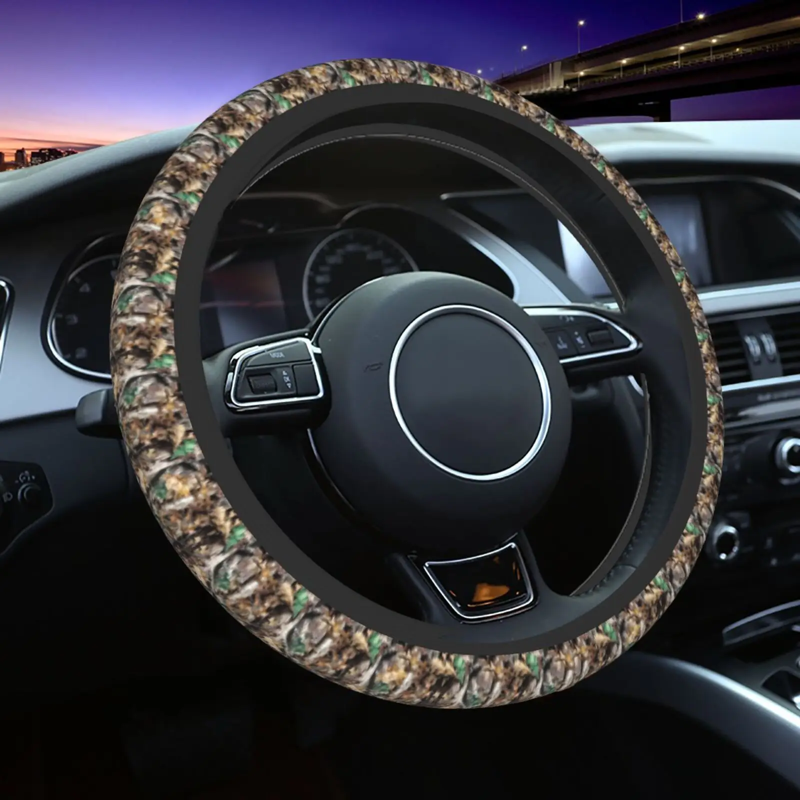 Camouflage Hunting Forest Steering Wheel Cover Funny Anti-Slip Car Accessories for Men Women Universal 15 Inch Fit Most Vehicles