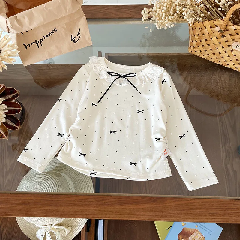 Girls T-shirt 2025 Autumn New Korean Version Lace Collar Bow Long-sleeved Children's T-shirt Fashion