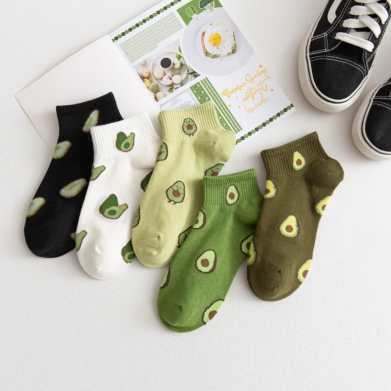 5 Pairs Cartoon Fresh Fashion Breathable Summer Autumn Kawaii Comforts Low Cut Women's Socks Set Short Green Avocado Ankle Socks
