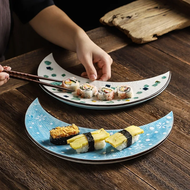 

1 шт., креативная керамическая японская тарелка, тарелка для суши и луны, японская посуда с поясом, бытовая одинарная тарелка