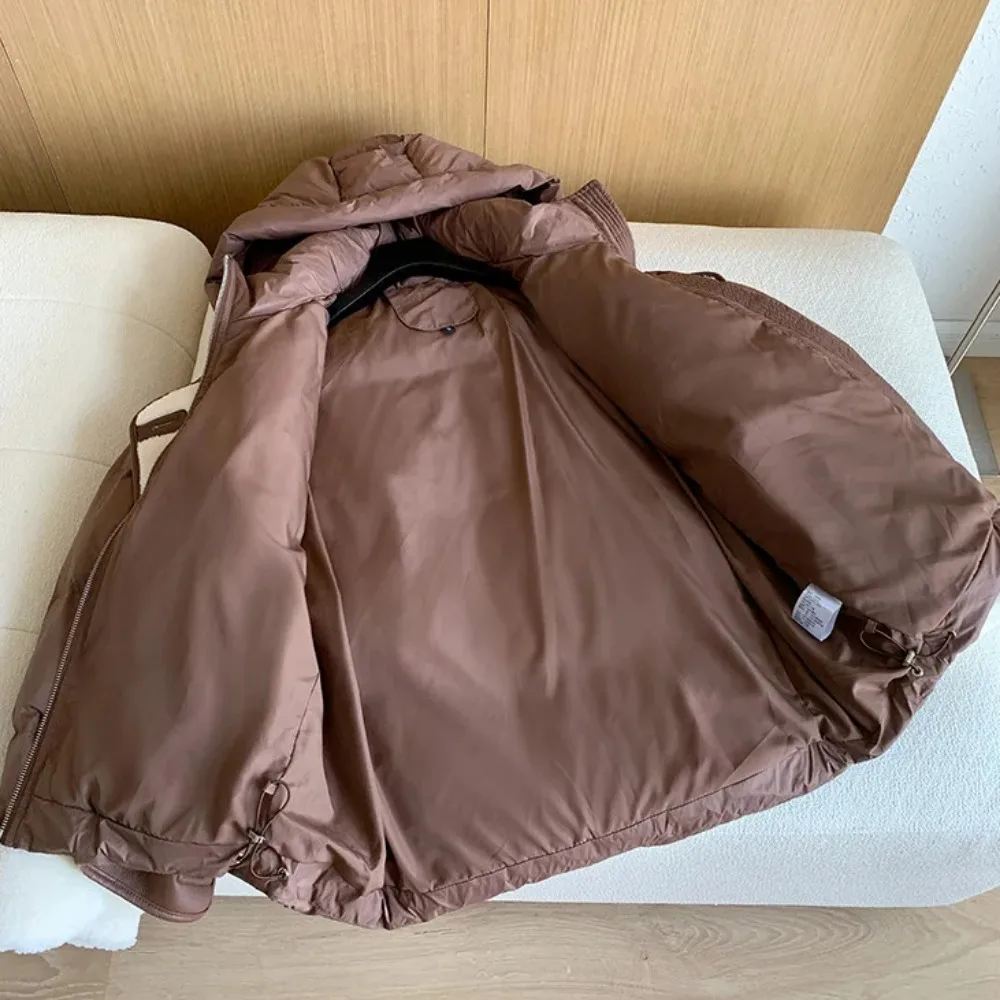 الشتاء المرأة الجديدة الأبيض بطة أسفل سترة 2025 فضفاض الوقوف طوق مقنعين سترة منفوخة المرأة صوف الضأن بولي Leather الجلود سترات أبلى #5