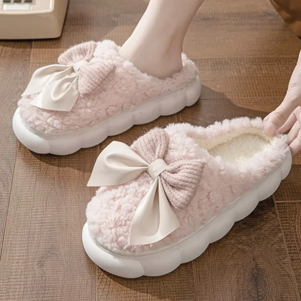 

Comfort Anti Slip Warm Fur Slippers Student Home Winter Warm Slippers Bedroom Flat Heel Fluffy Bow Slippers Women