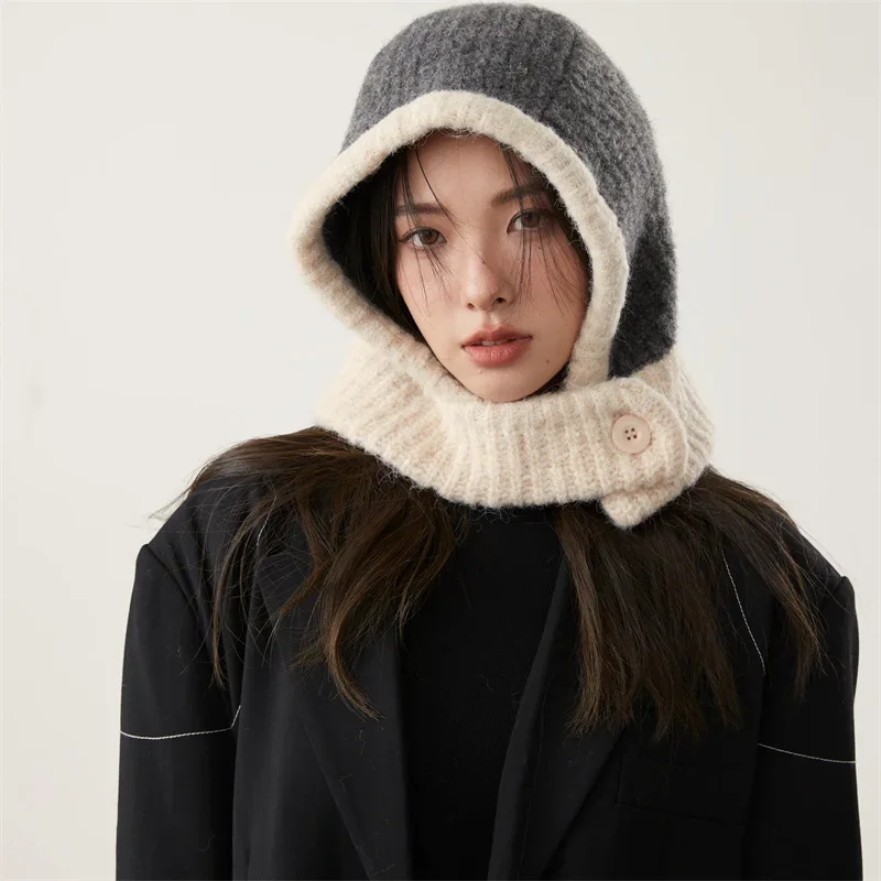 Japanese Retro Balaclava Hat Winter Popular Integrated Hat and Neck Cold Proof Warm Knit Cap Fashion Color Matching Women\'s Hats