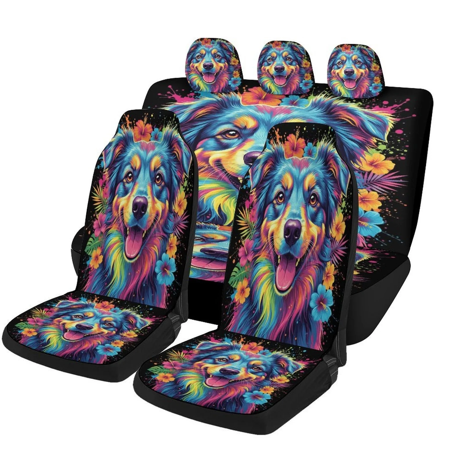 Rainbow Dog Portrait Designed Car Seat Covers Set For Most Cars, Trendy Breathable Decorative Car Seat Protector Covers Full Set