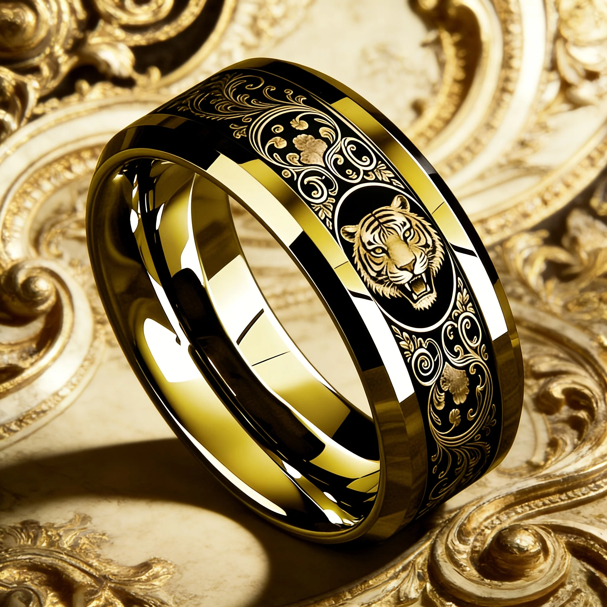 SUNFLOWER Fashion Domineering Tiger Men Stainless Steel Rings Unique Animal Non-fading Wedding Band Polished Double Bevel Ring