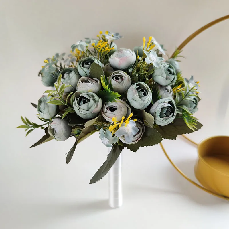 Ramo de novia de marfil, accesorios de boda, ramos de novia pequeños, rosas de té de seda, flores artificiales Rojas, ramo de matrimonio para damas de honor