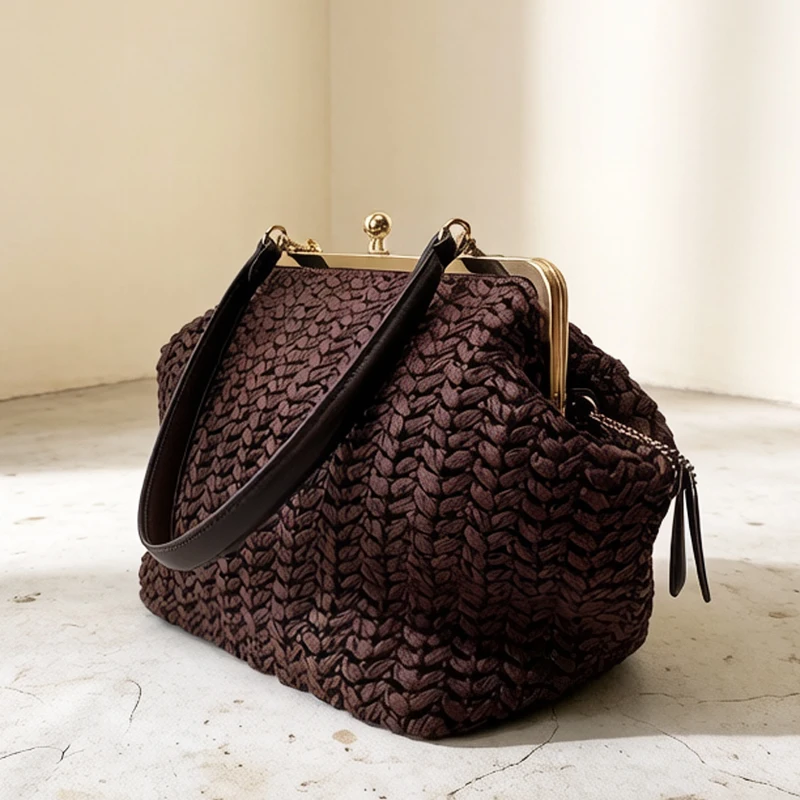 Hand-Woven Kisslock Frame Shoulder Raffia Beach Bags For Women Luxury Designer Handbag And Purse 2026 New In Wheatgrass Underarm