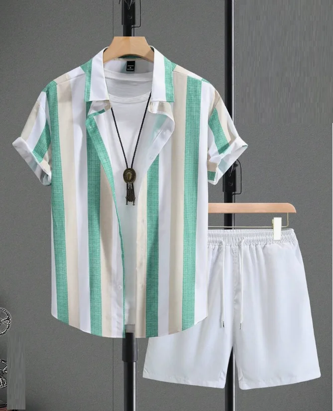 

Гавайский комплект рубашек, мужская рубашка с 3D принтом и вертикальным узором, летняя модная повседневная свежая повседневная рубашка на пуговицах большого размера + шорты, комплект из 2 предметов