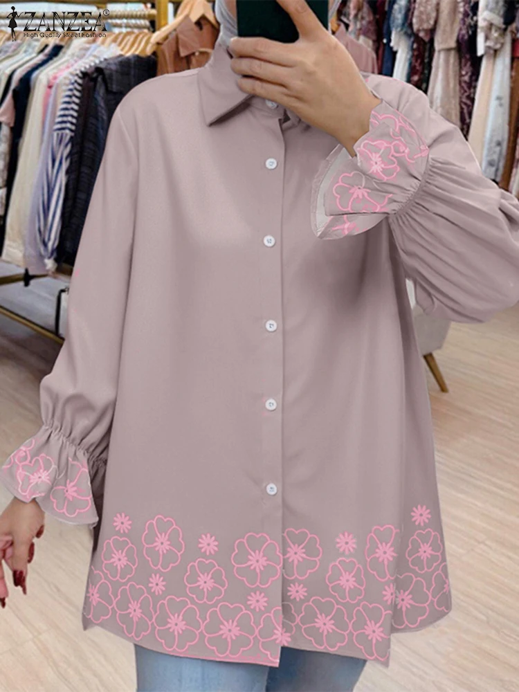 ZANZEA 2025 Fashion Printed Tops Islamic Hijab Turn-Down Collar Button Up Casual Shirts Muslim Flared Sleeve Woman Chemise Femme