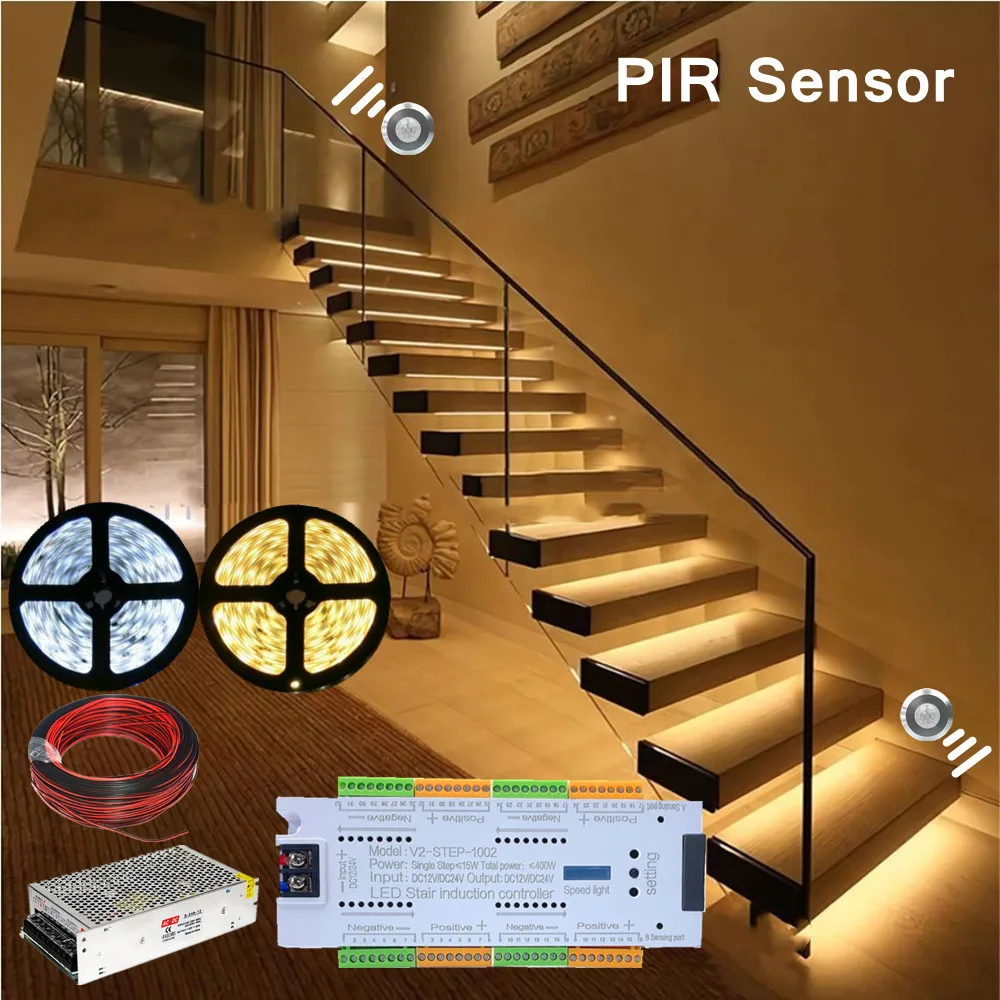 Stair PIR Motion Sensor LED Strip 12V SMD 5050 Lamp Tape + 32 Channels Staircase Step Controller + Power Supply + Connect Wire