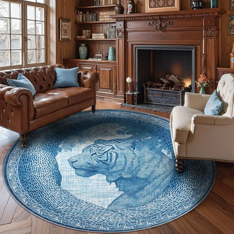 Starry Night Forest Deer Round Rug Wild Daisy Foliage Circular Carpet Non Slip Whimsical Dark Mat Magical Wildlife Bedroom Decor