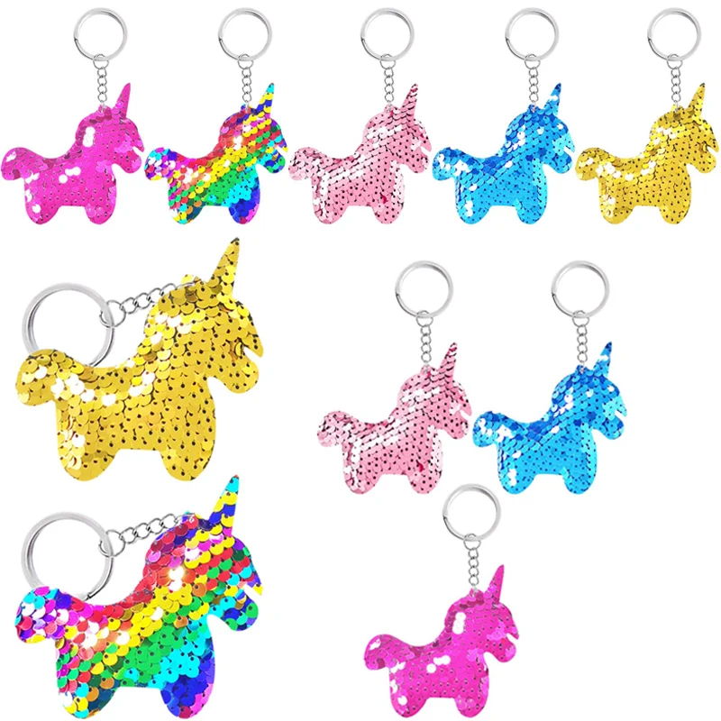 10pcs Unicorn Keychains Baby Shower Party Favors Kids Birthday Goody Bag Fillers Rainbow Flip Sequin Key Chain Wedding Gifts