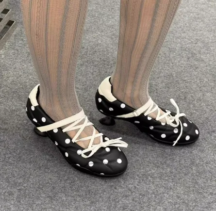 2026 New Polka Dot Round Toe Women Marry Jane Shoes Strange Style Middle Heels Lace Up Design Pumps Shoes