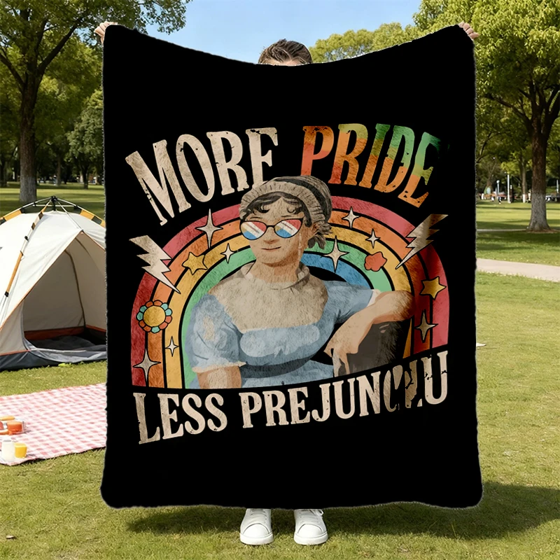 More Pride Less Prejudice Flannel Blanket, Jane Austen LGBTQ Gift, Rainbow Flannel Throw