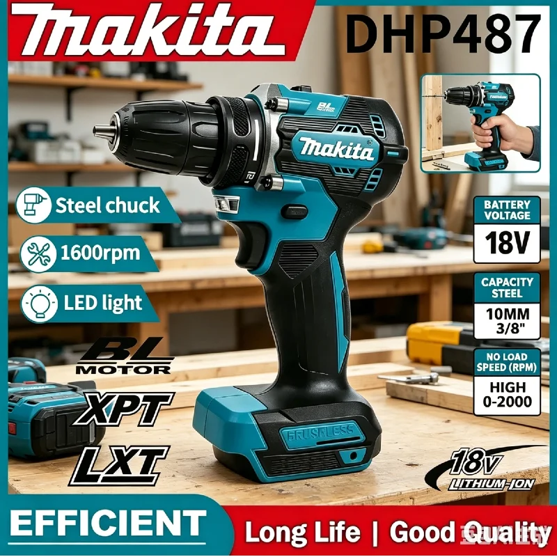 

Makita DHP487 18V LXT Brushless Impact Drill Compact Cordless Hammer Driver Multifunctional Electric Screwdriver Power Tool