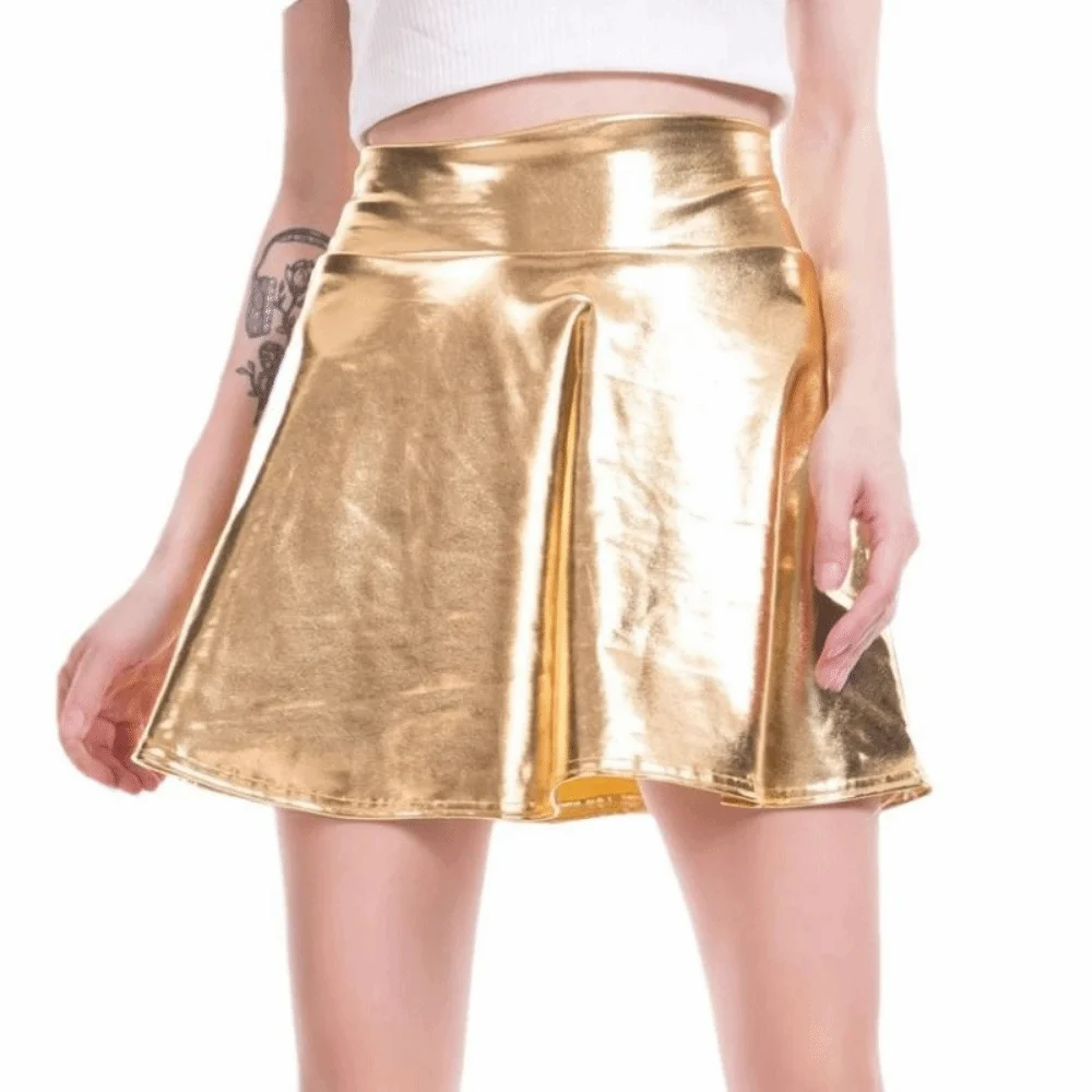 

Elegant Metallic Pleated Skirt Retro Gold Silver Shiny Short Dress Solid Color Flared Design Girls Short Mini Skirt Party Wear