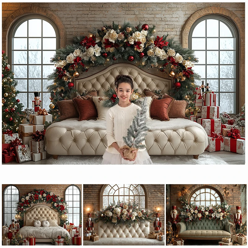 

LS Christmas White Headboard Photography Backdrops Kids Family Photocall White Curtains Flowers Photo Windows Backgrounds
