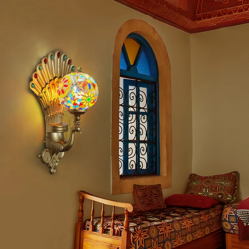 Designer Bohemian Atmosphere Tiffany Glass Peacock Wall Lamp Art Decorative Wall Mounted Club Hotel Living Room Bedroom  Decor