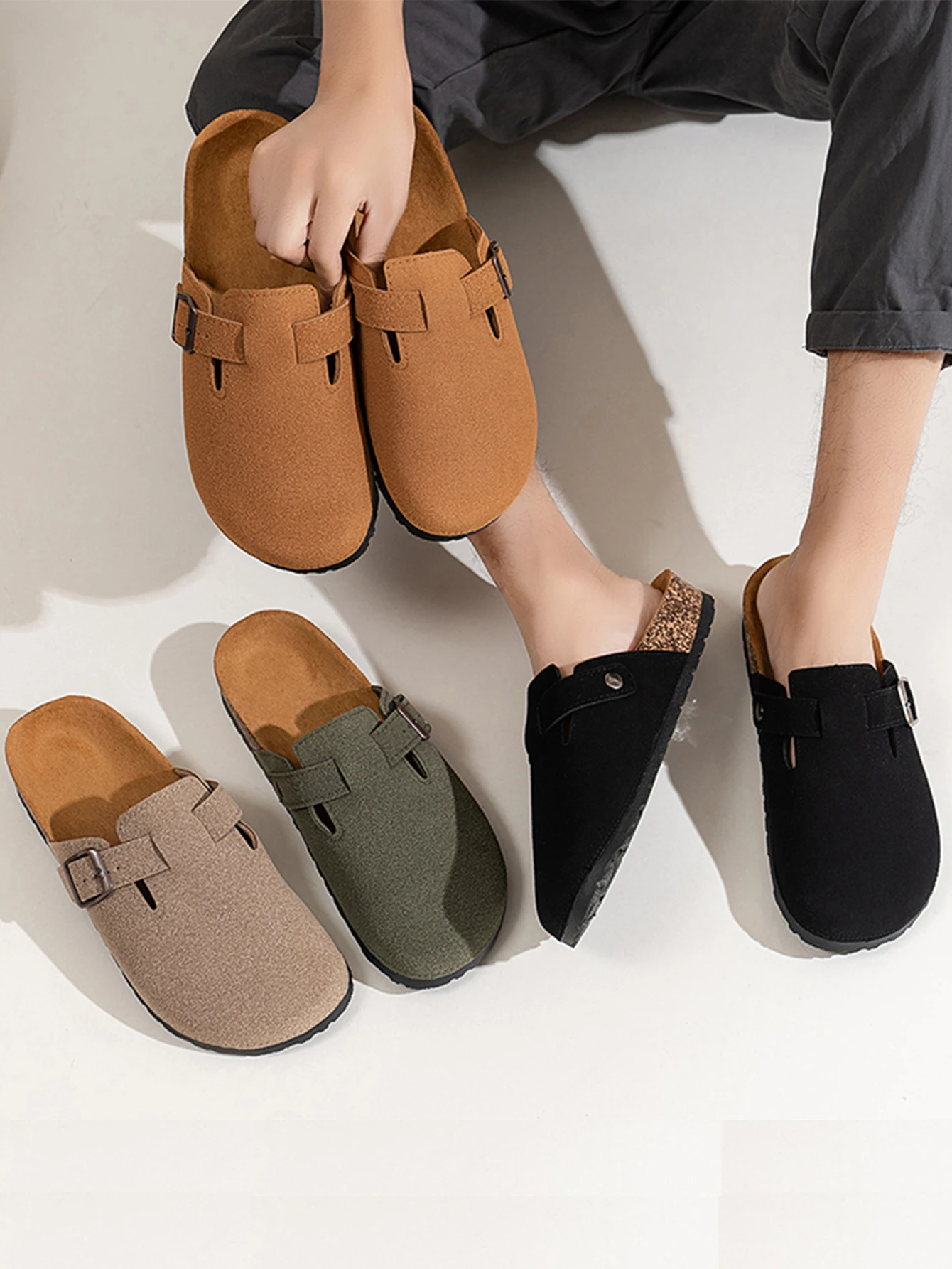 Men's New Spring Retro Mules, Casual Slip-On Shoes, Pu Upper, Cork Grain, Closed-Toe Half-Slipper Flat Slippers with Adjustable Buckle