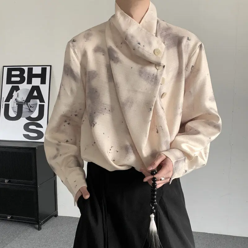 

High-End Men's Stand Collar irt Asymmetrical Design Loose Fit Polyester Fiber Long Sve adient Dyeing Casual Wear