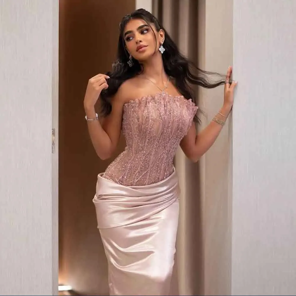 

Customized Stunning Sheel Strapless Evening Dress Bead Sequin Corset Formal Gown Pleat Mermaid فساتين سهرة